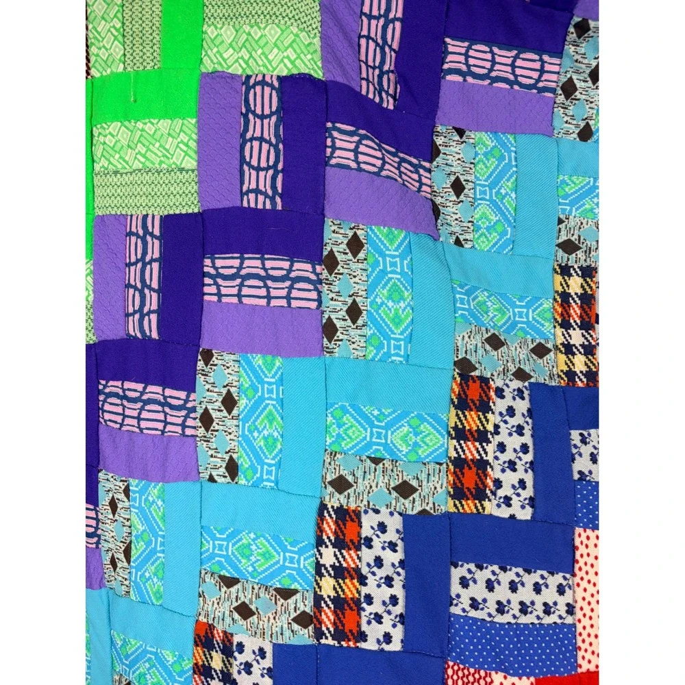 Vintage Handmade Patchwork Quilt Rainbow Polyester Double Knit 70s Retro 68x82